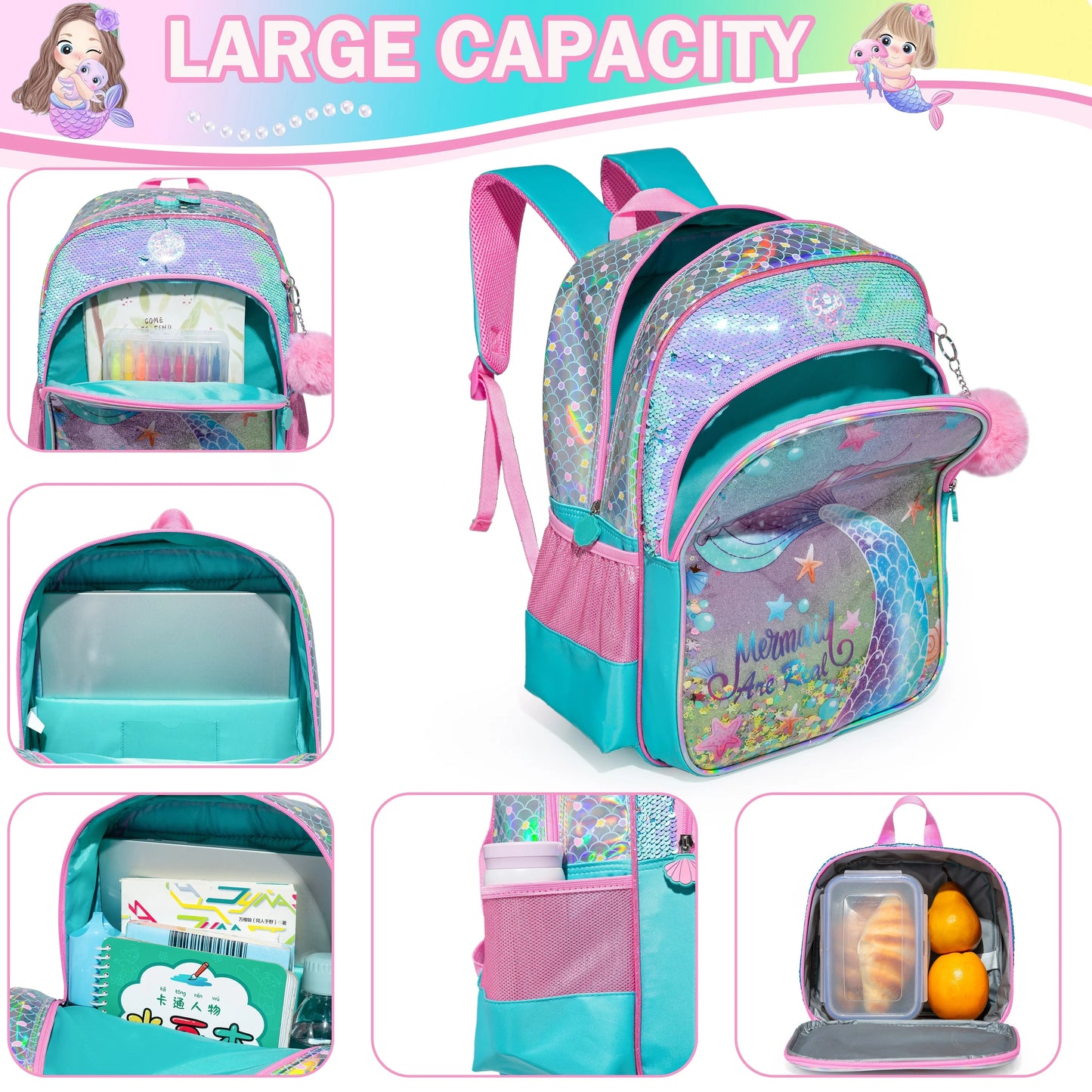Meetbelify-Sac à dos d'école pour filles, cartable pour enfants, sac de voyage pleine grandeur avec boîte à lunch, élèves du primaire