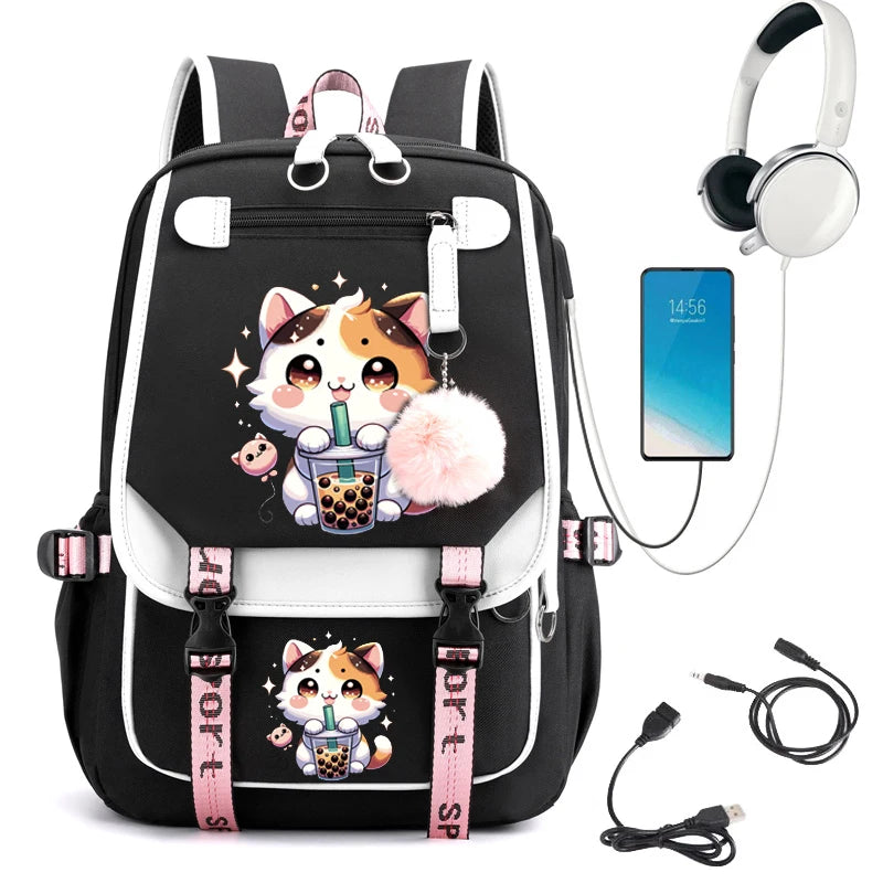 Sac à dos Boba Anime Cat pour étudiants du collège, sac à dos de voyage pour fille, sacs d'école pour ordinateur portable, sacs à livres USB, mode de loisirs