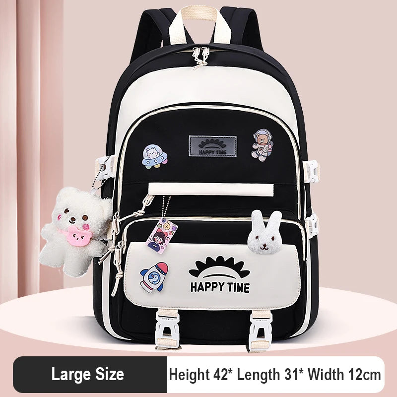 Sac à dos en nylon multi-poches de grande capacité pour femme, sac d'école pour fille, sac à dos pour ordinateur portable, livre, mignon, Ins, junior, lycéen noir