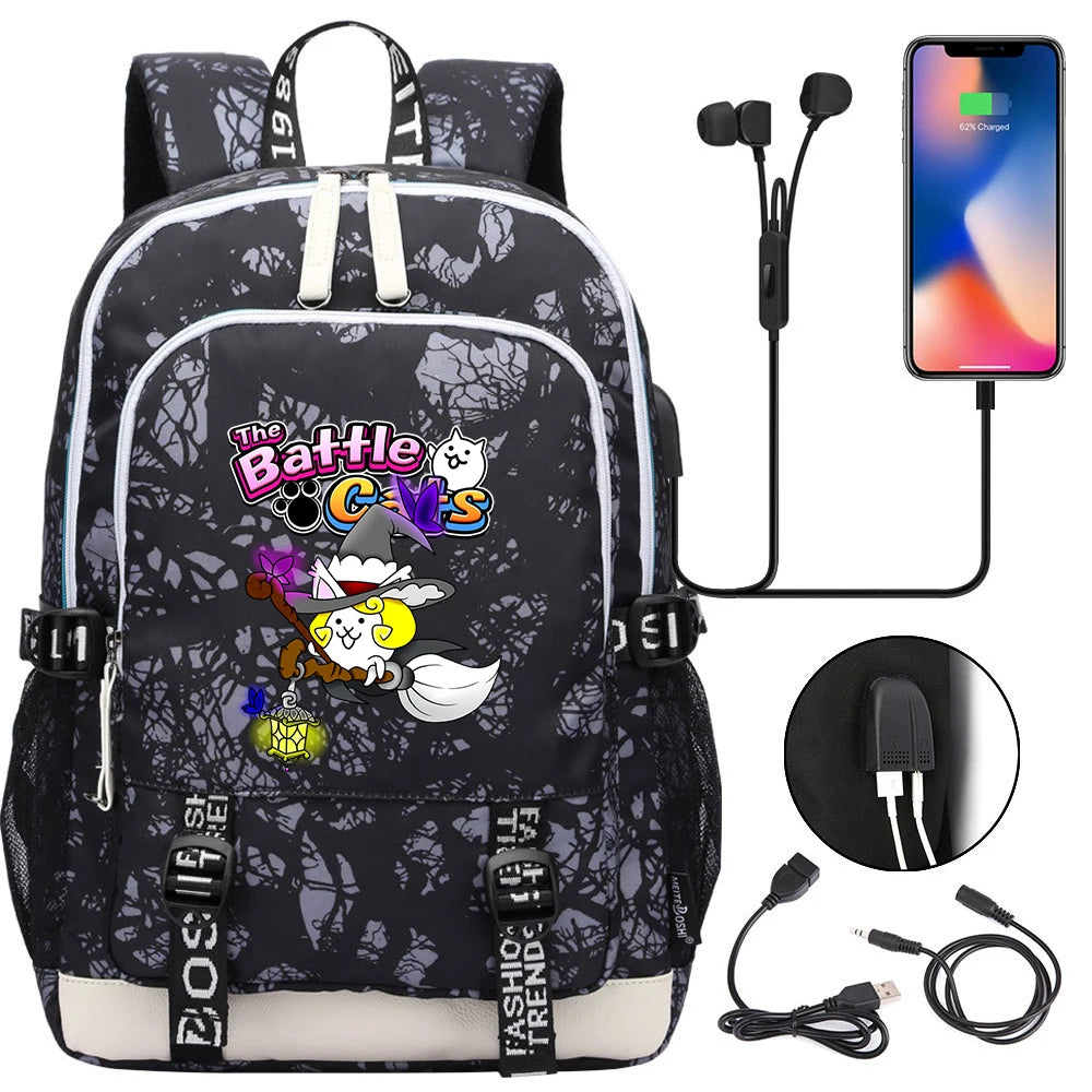 Sac à dos mignon, pour l'école, étudiant, chargeur USB, pour ordinateur portable, garçons et filles, voyage quotidien, adolescent, collège, The battle cats