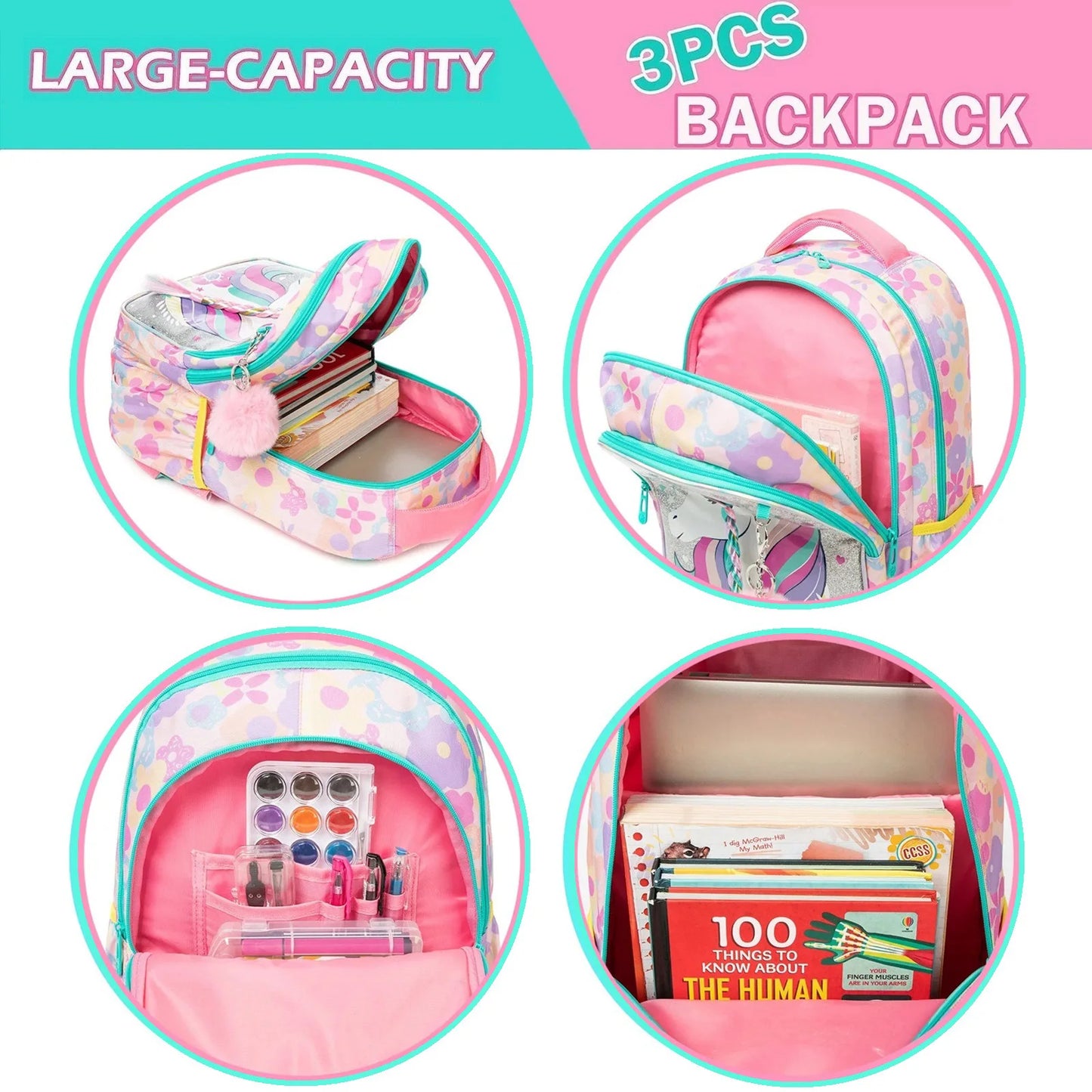 Ensemble de 3 sacs à dos d'école pour fille, sac à déjeuner, trousse
