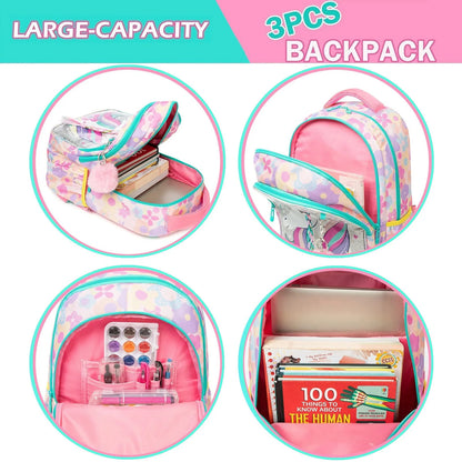 Ensemble de 3 sacs à dos d'école pour fille, sac à déjeuner, trousse
