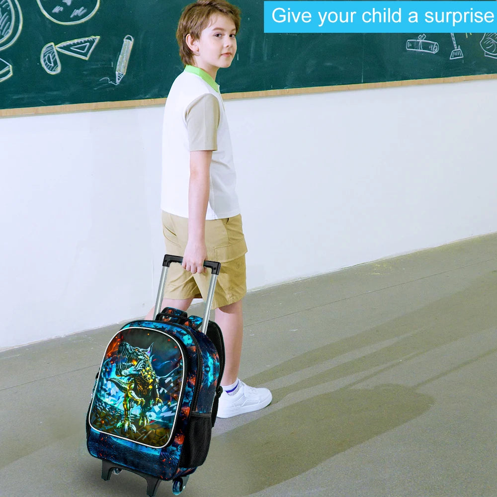 Sac à dos roulant 3 pièces dinosaure pour enfants