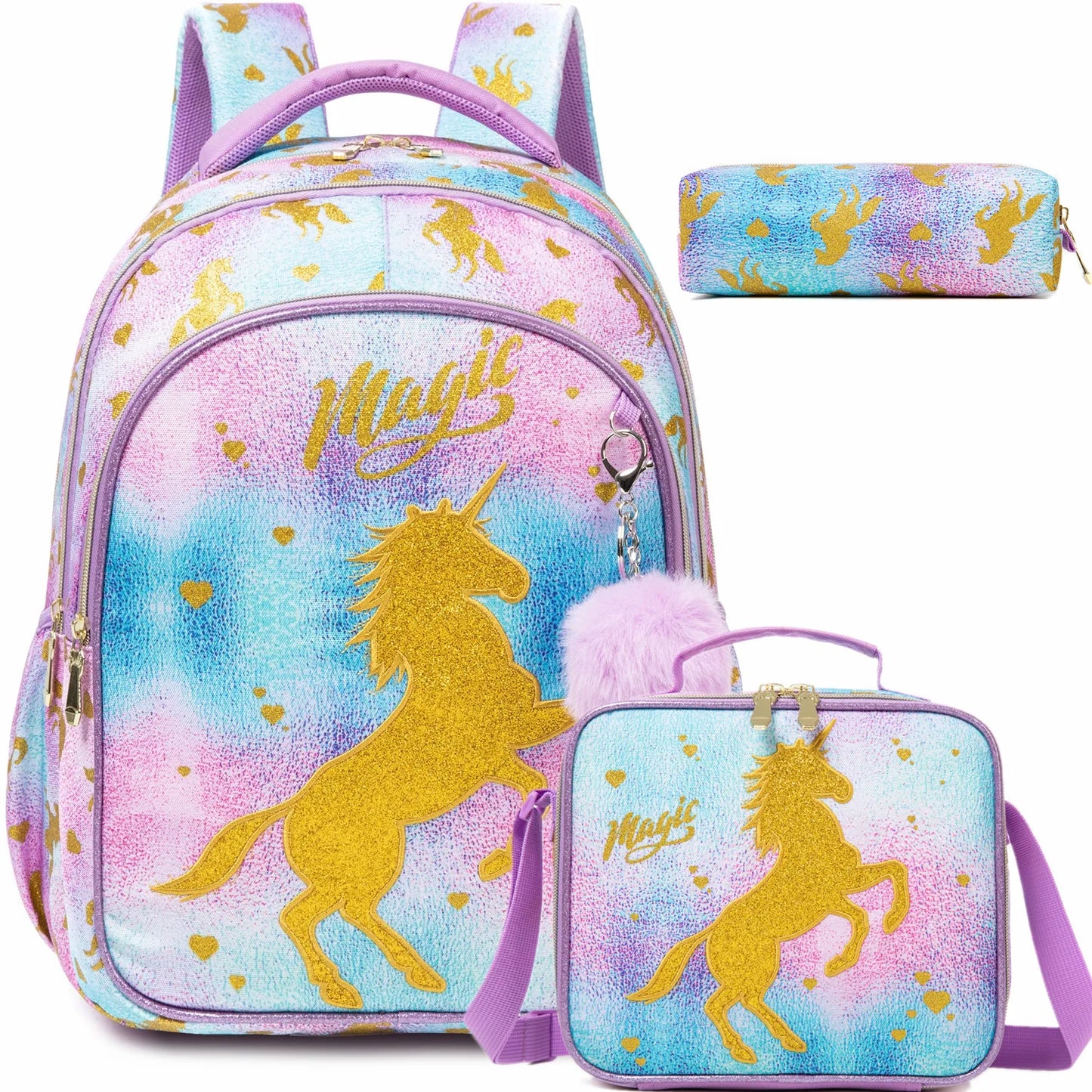 Ensemble de 3 sacs à dos d'école pour fille, sac à déjeuner, trousse
