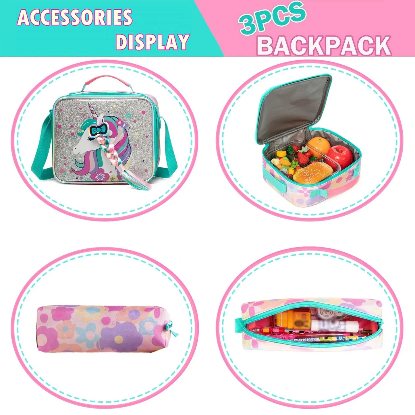 Ensemble de 3 sacs à dos d'école pour fille, sac à déjeuner, trousse