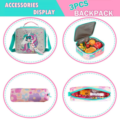 Ensemble de 3 sacs à dos d'école pour fille, sac à déjeuner, trousse