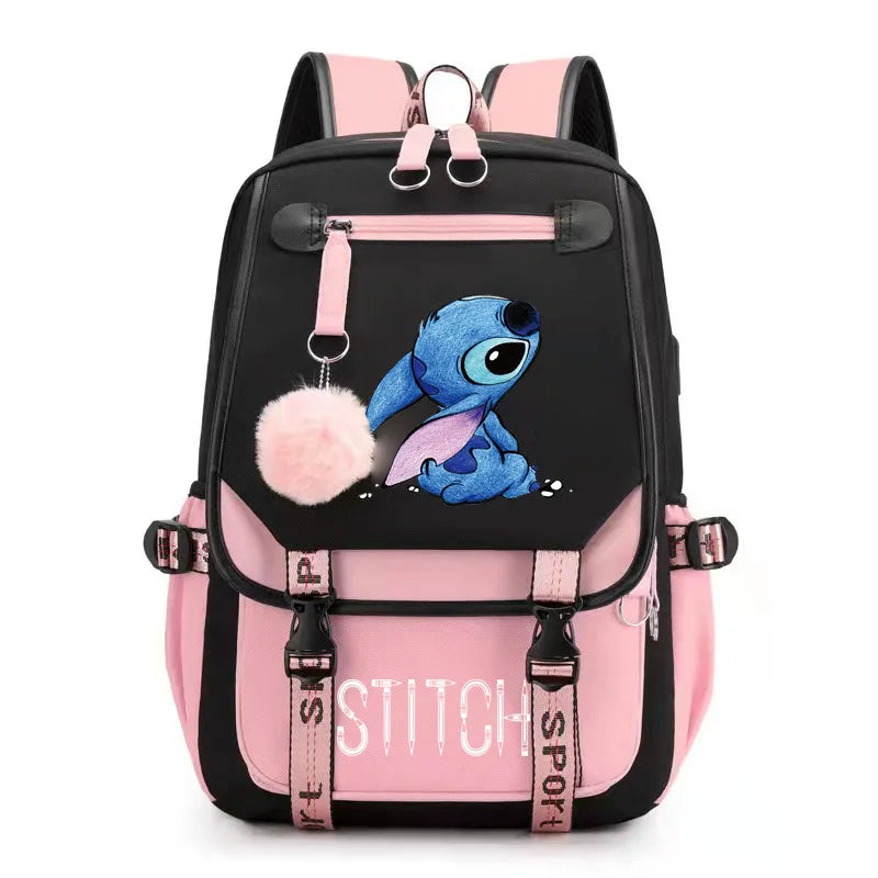 Disney-Sac à dos Stitch pour femme, chargement USB, sacs d'école, adolescentes, garçons, sac à dos pour ordinateur portable, sacs à dos de voyage pour femme