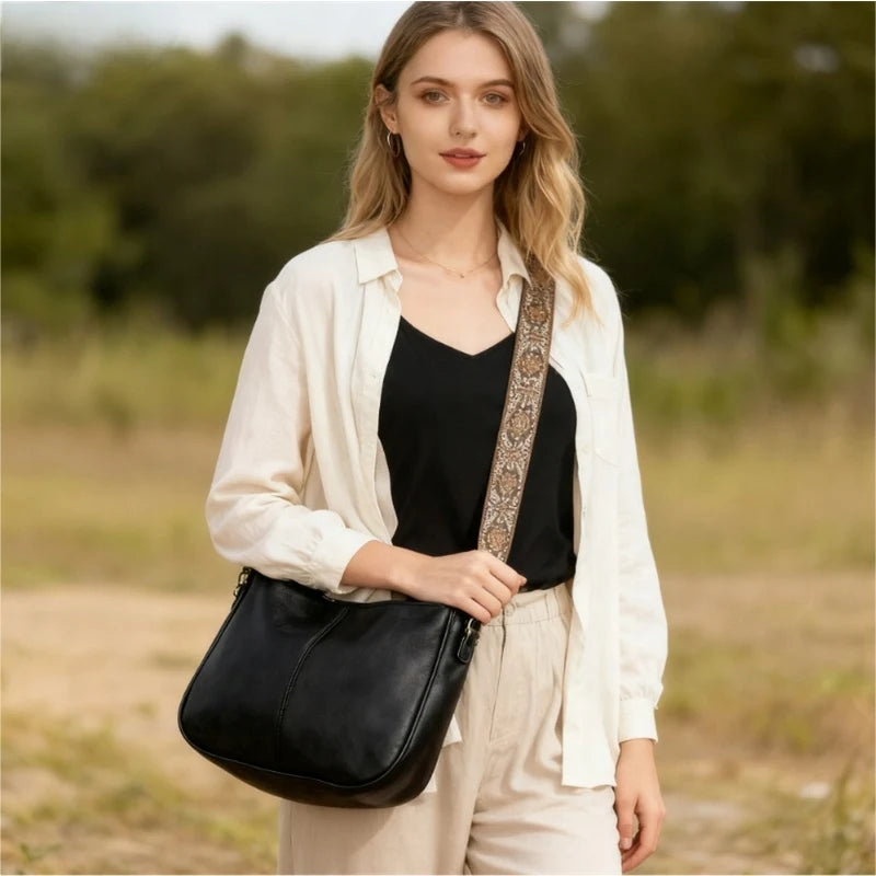 Sac à bandoulière vintage en cuir PU pour femme avec large sangle brodée
