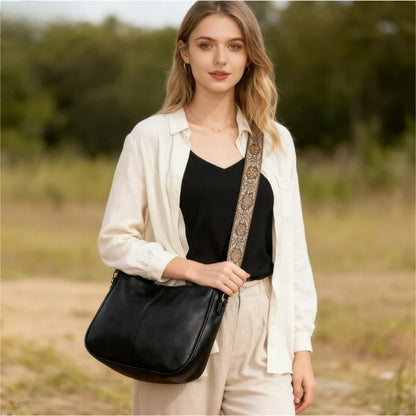 Sac à bandoulière vintage en cuir PU pour femme avec large sangle brodée