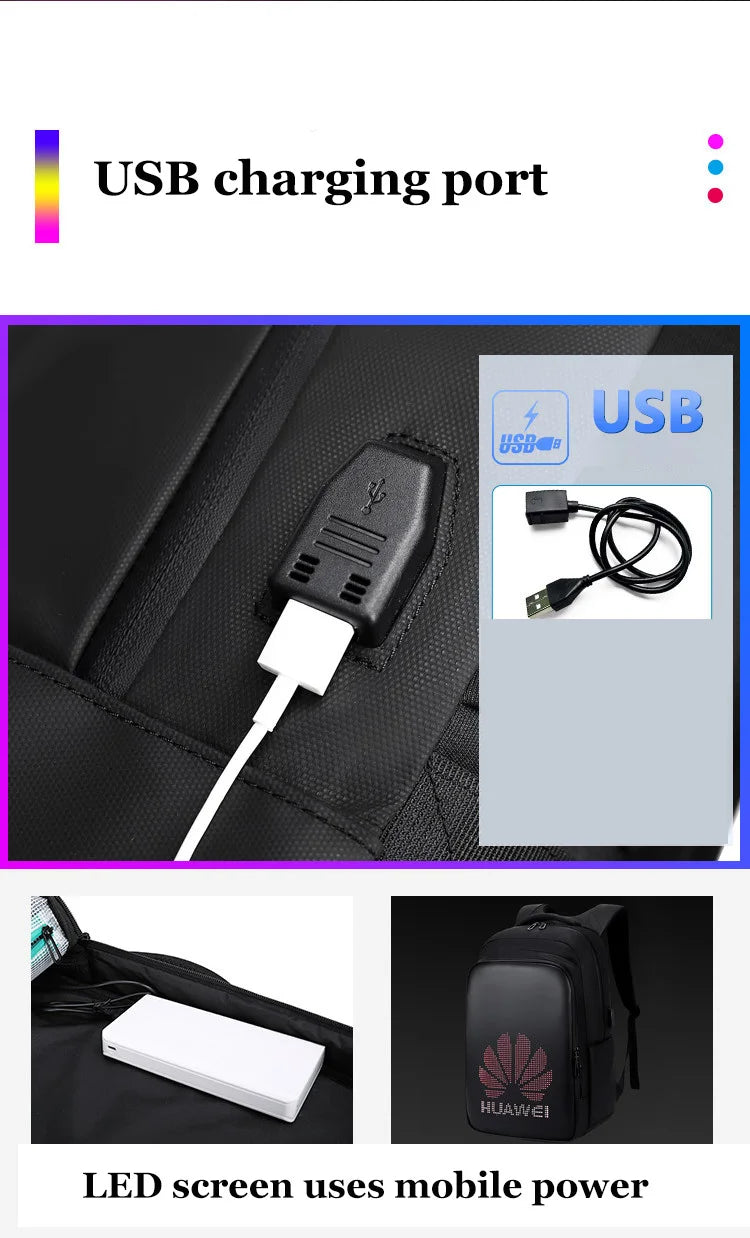 Sac à dos pour ordinateur portable avec écran LED pour homme et femme, sac à dos scolaire intelligent bricolage, voyage d'affaires, 15.6 pouces