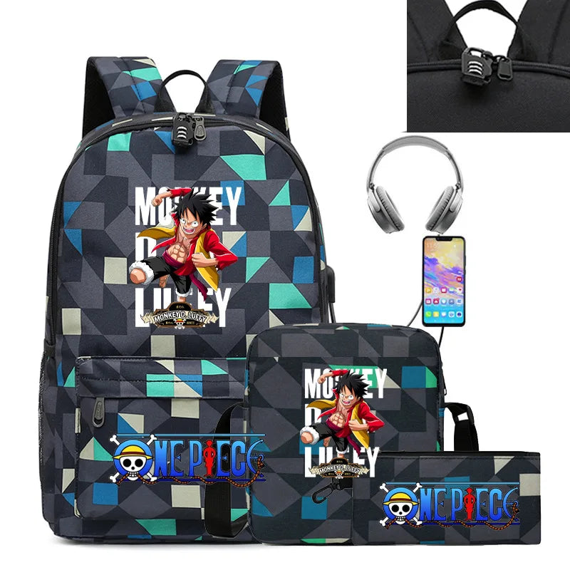 Cartable Luffy une pièce pour garçons et filles, sac à dos d'étudiant, sac d'école de dessin animé Anime, sac à dos aste, ensemble de 3 pièces