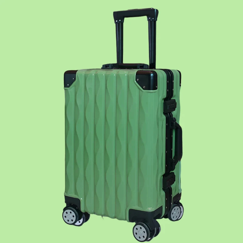 Super jolie valise à roulettes pour hommes et femmes, valise verte de voyage version coréenne, 20/24/28 pouces cadre en aluminium