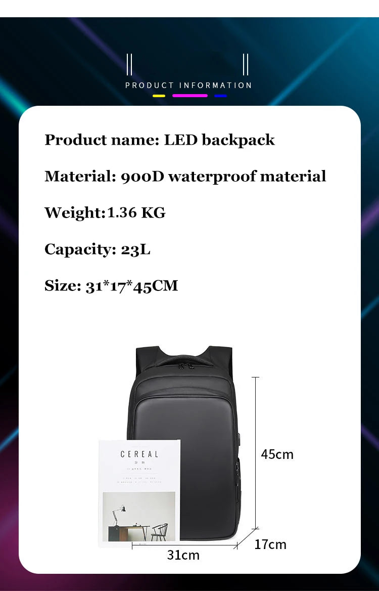 Sac à dos pour ordinateur portable avec écran LED pour homme et femme, sac à dos scolaire intelligent bricolage, voyage d'affaires, 15.6 pouces