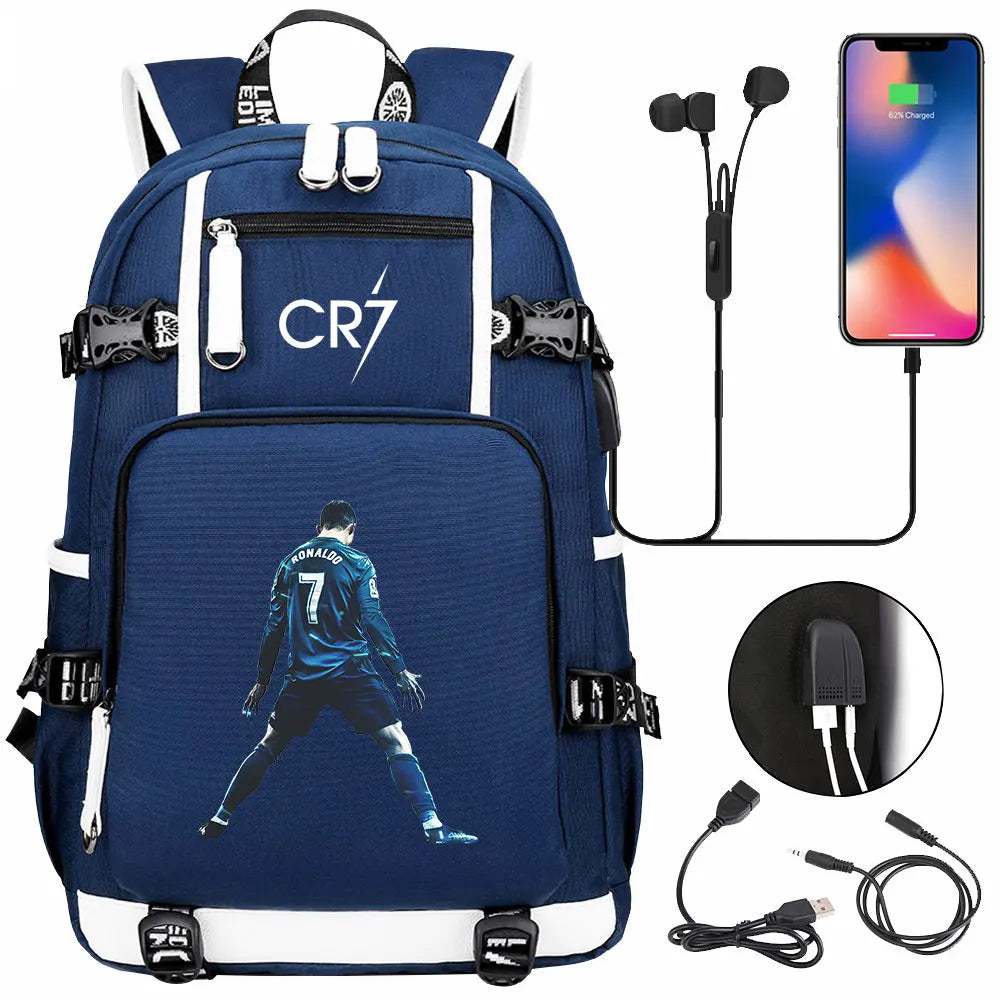 Sac à dos Ronaldo Football CR7 avec chargeur USB, cartable pour ordinateur portable, sacs de voyage pour adolescents et étudiants