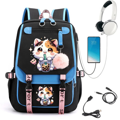 Sac à dos Boba Anime Cat pour étudiants du collège, sac à dos de voyage pour fille, sacs d'école pour ordinateur portable, sacs à livres USB, mode de loisirs