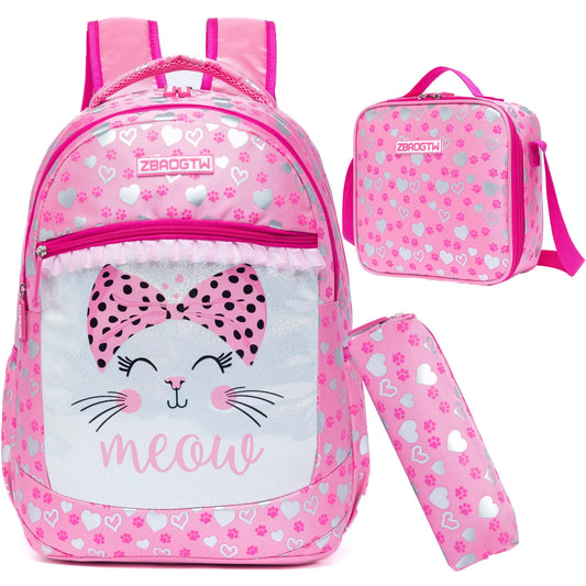 Cartable en cuir PU pour l'école primaire, sac à lunch et sac à stylo, 3 pièces
