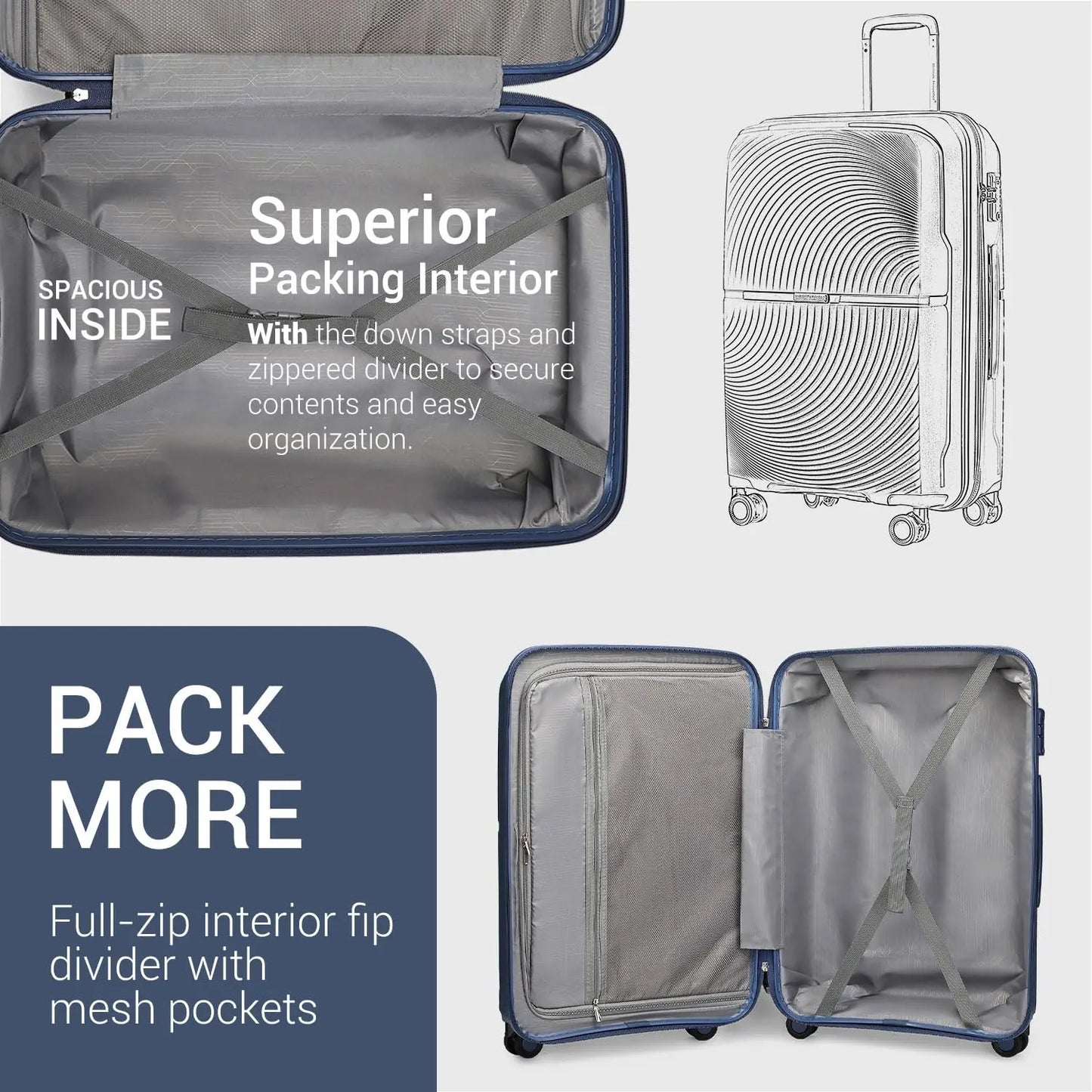 Ensemble de valises, étui rigide en PP, serrure TSA, léger et durable