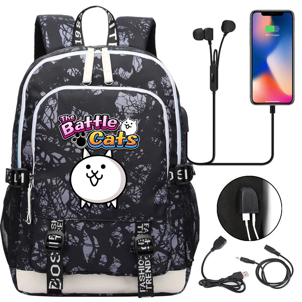 Sac à dos mignon, pour l'école, étudiant, chargeur USB, pour ordinateur portable, garçons et filles, voyage quotidien, adolescent, collège, The battle cats