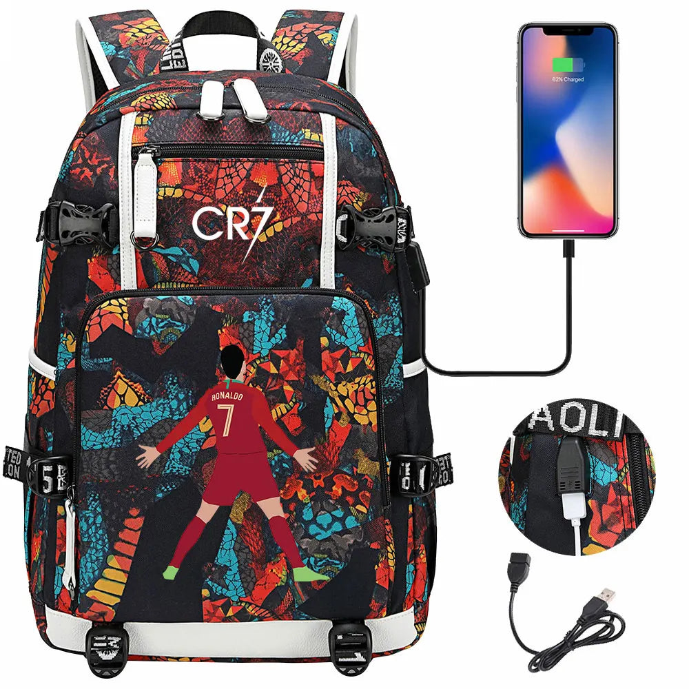 Sac à dos Ronaldo Football CR7 avec chargeur USB, cartable pour ordinateur portable, sacs de voyage pour adolescents et étudiants