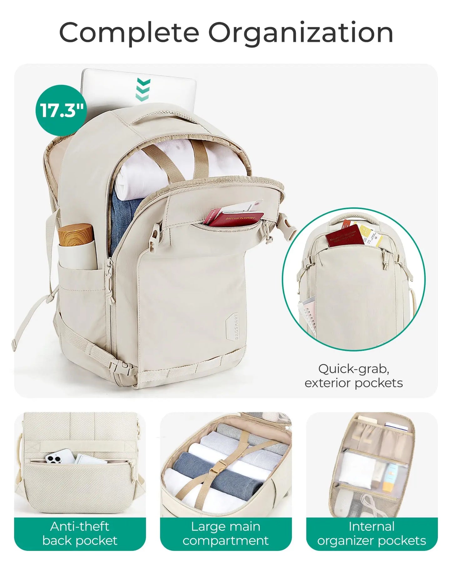 Sac à dos de voyage pour femmes et hommes 30L