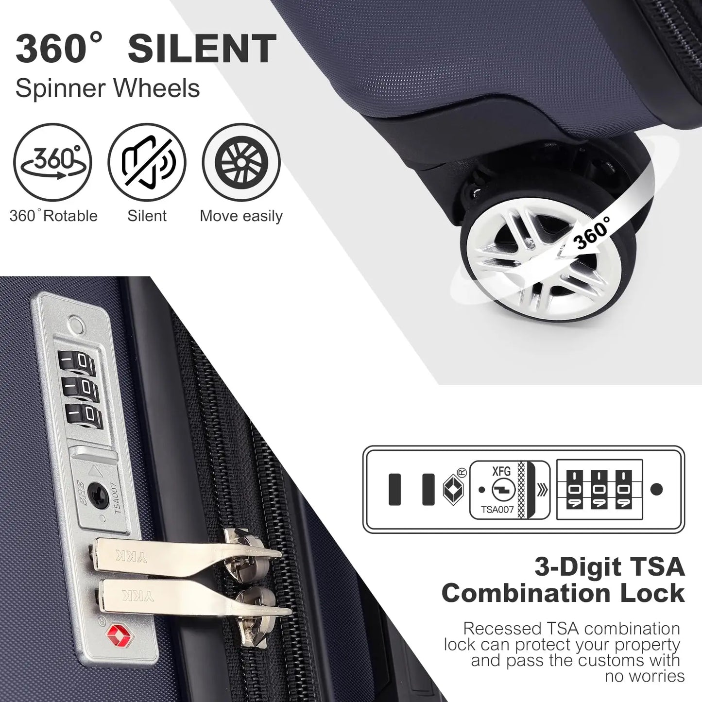 Valise rigide léger avec serrure TSA et 4 roues spinner, cabine (55/65/75 cm)