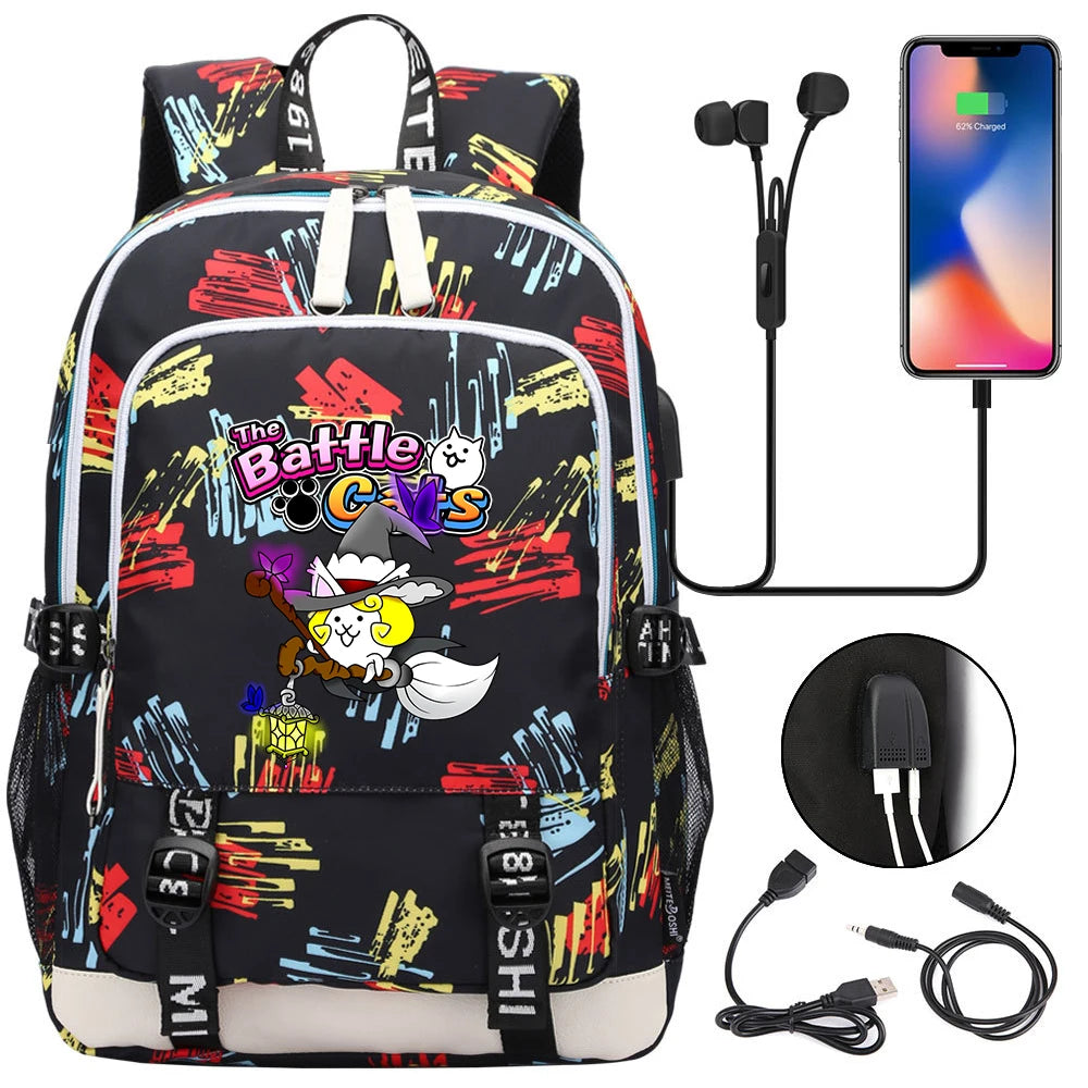 Sac à dos mignon, pour l'école, étudiant, chargeur USB, pour ordinateur portable, garçons et filles, voyage quotidien, adolescent, collège, The battle cats