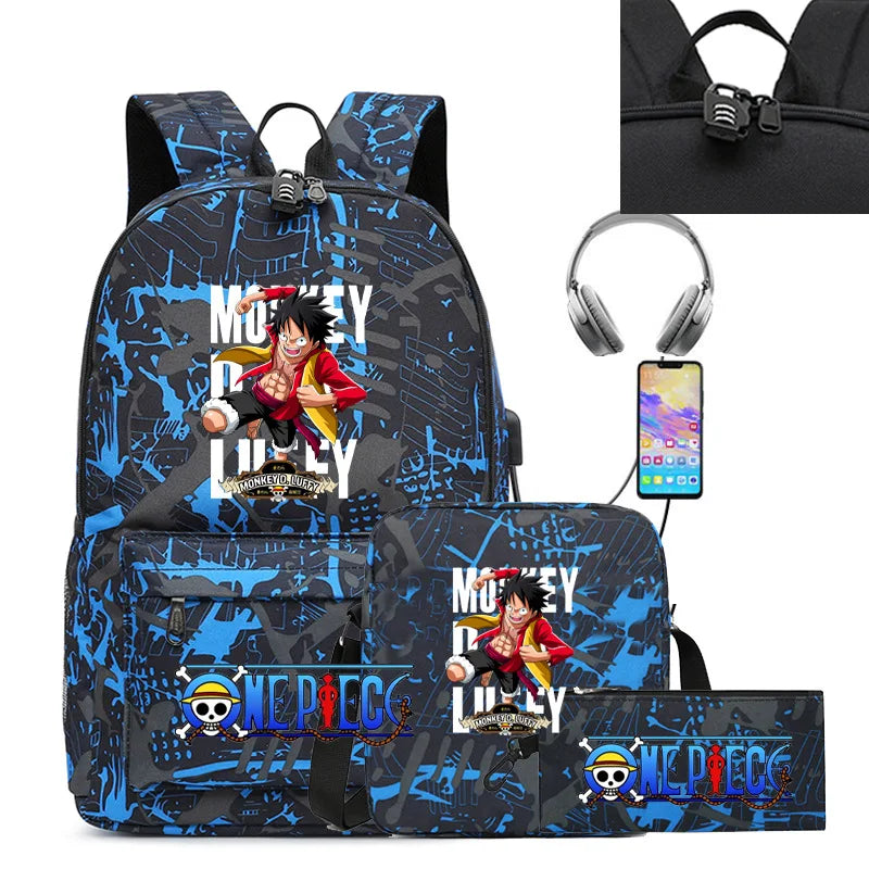 Cartable Luffy une pièce pour garçons et filles, sac à dos d'étudiant, sac d'école de dessin animé Anime, sac à dos aste, ensemble de 3 pièces