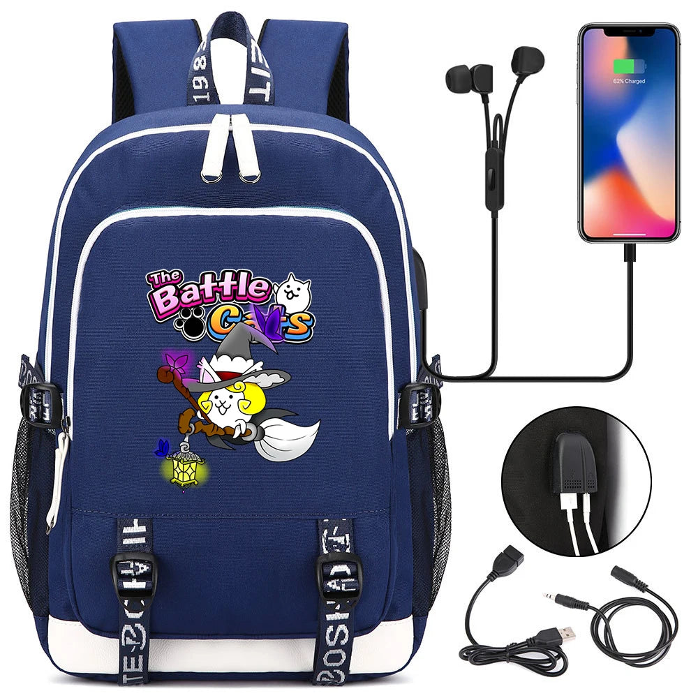 Sac à dos mignon, pour l'école, étudiant, chargeur USB, pour ordinateur portable, garçons et filles, voyage quotidien, adolescent, collège, The battle cats