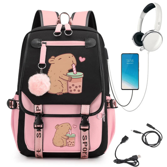 Sac à dos d'école pour adolescent, cartable de thé Kawaii Capybara Bpba, sac à dos pour fille, cartable de chargement USB pour enfants