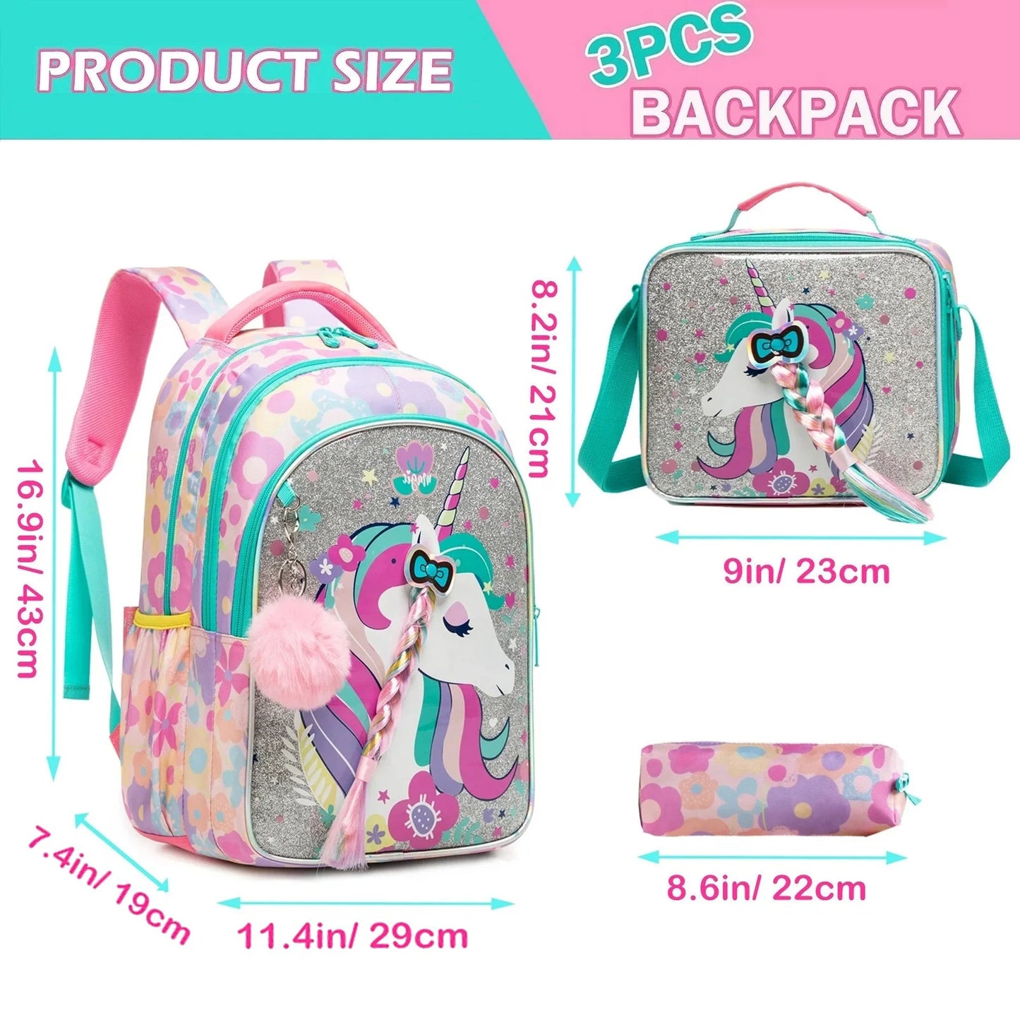 Ensemble de 3 sacs à dos d'école pour fille, sac à déjeuner, trousse