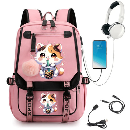 Sac à dos Boba Anime Cat pour étudiants du collège, sac à dos de voyage pour fille, sacs d'école pour ordinateur portable, sacs à livres USB, mode de loisirs