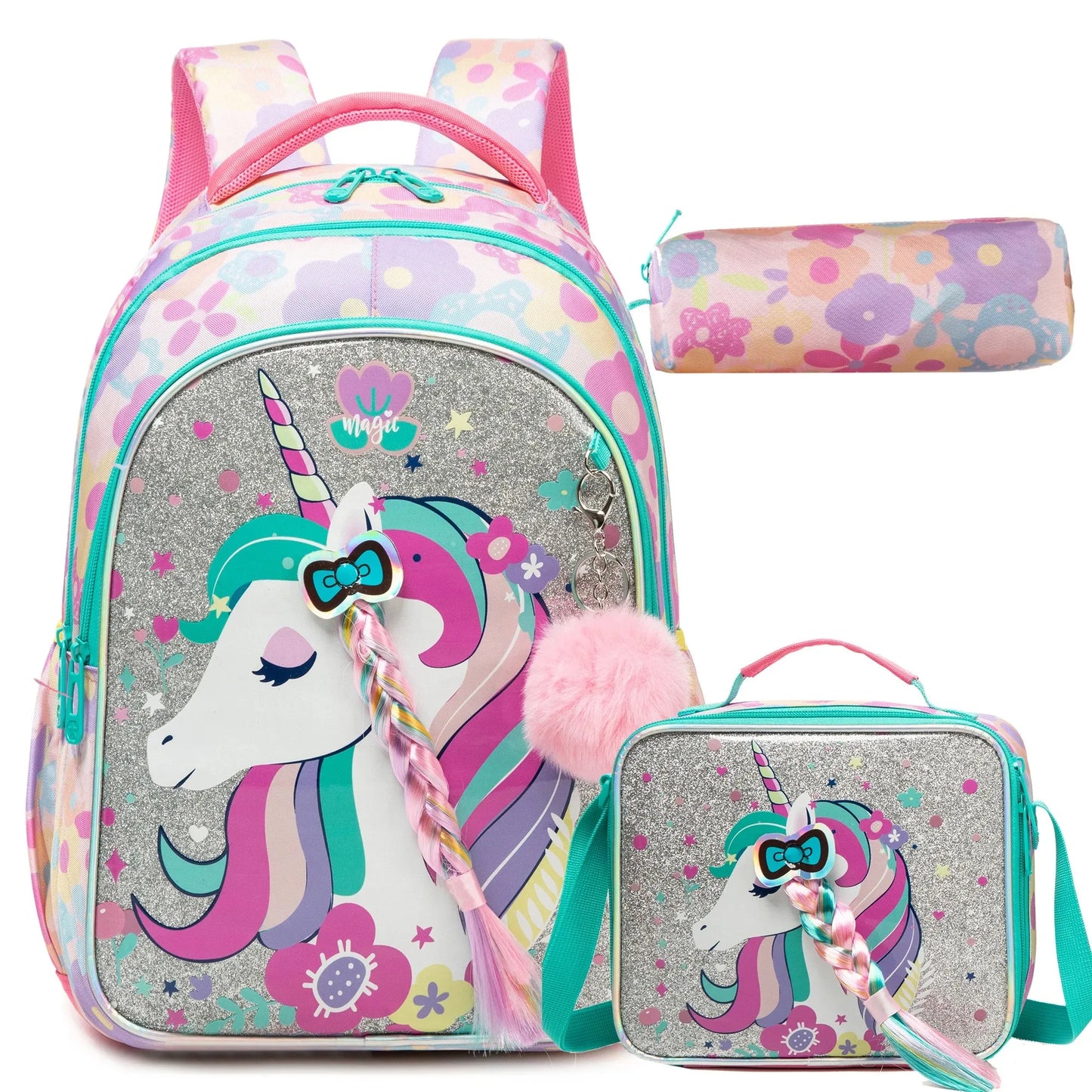 Ensemble de 3 sacs à dos d'école pour fille, sac à déjeuner, trousse