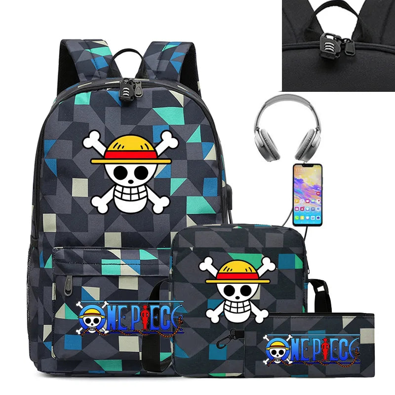 Cartable Luffy une pièce pour garçons et filles, sac à dos d'étudiant, sac d'école de dessin animé Anime, sac à dos aste, ensemble de 3 pièces