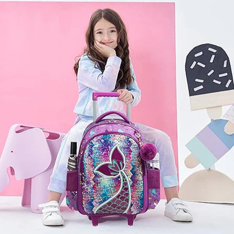 Sac à dos à roulettes sirène pour filles, sac d'école à roulettes, sac à lunch et sac à stylos, étudiants du primaire, voyage d'étude