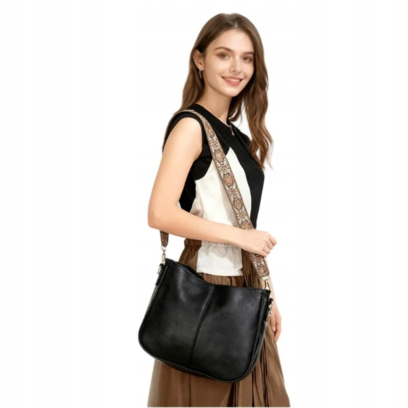 Sac à bandoulière vintage en cuir PU pour femme avec large sangle brodée