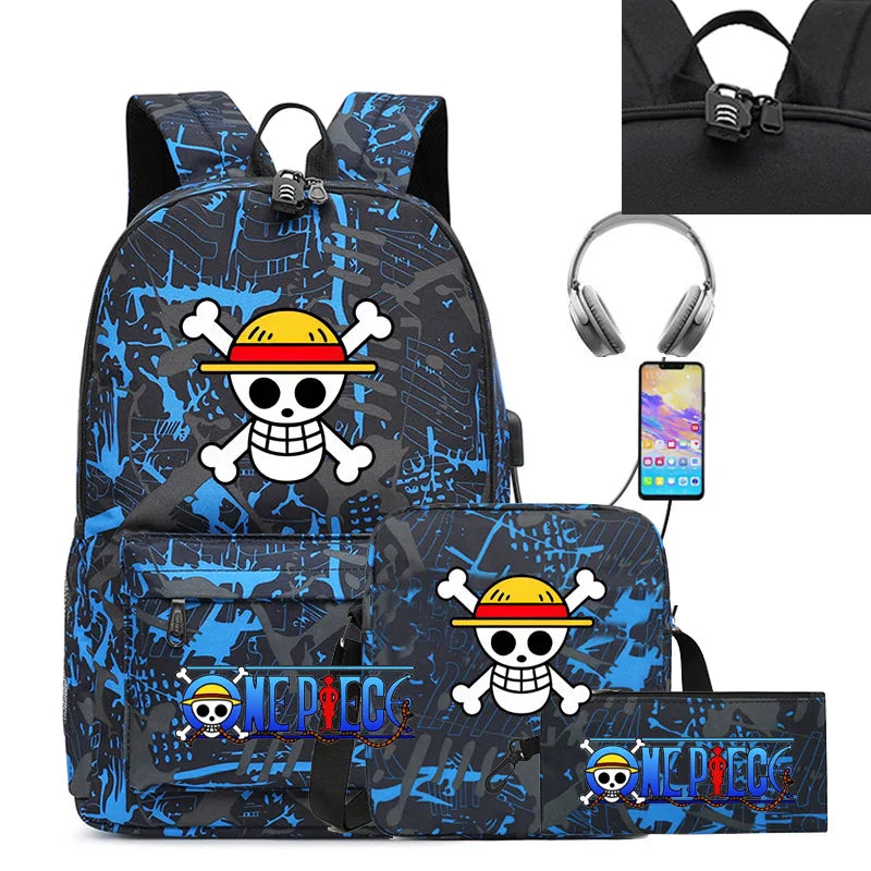 Cartable Luffy une pièce pour garçons et filles, sac à dos d'étudiant, sac d'école de dessin animé Anime, sac à dos aste, ensemble de 3 pièces