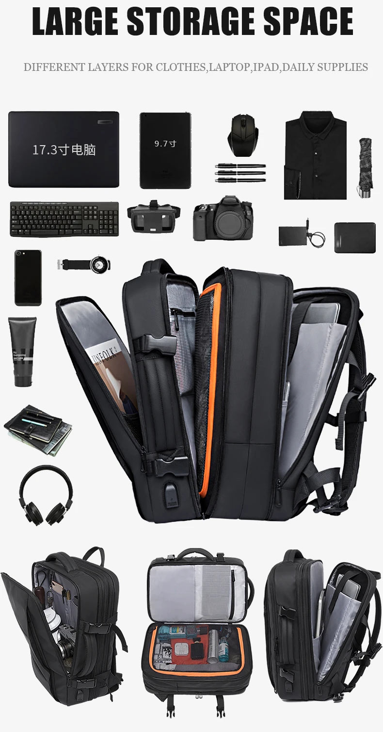 Sac à Dos de Voyage pour Homme, Business, École, Extensible, USB, Grande Capacité, 17.3, Ordinateur Portable, Étanche, Mode