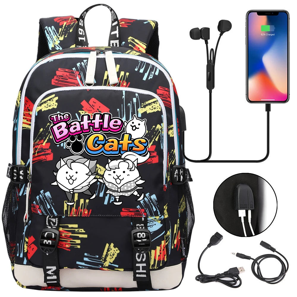 Sac à dos mignon, pour l'école, étudiant, chargeur USB, pour ordinateur portable, garçons et filles, voyage quotidien, adolescent, collège, The battle cats