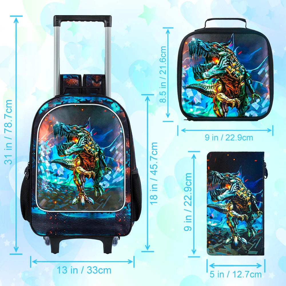 Sac à dos roulant 3 pièces dinosaure pour enfants