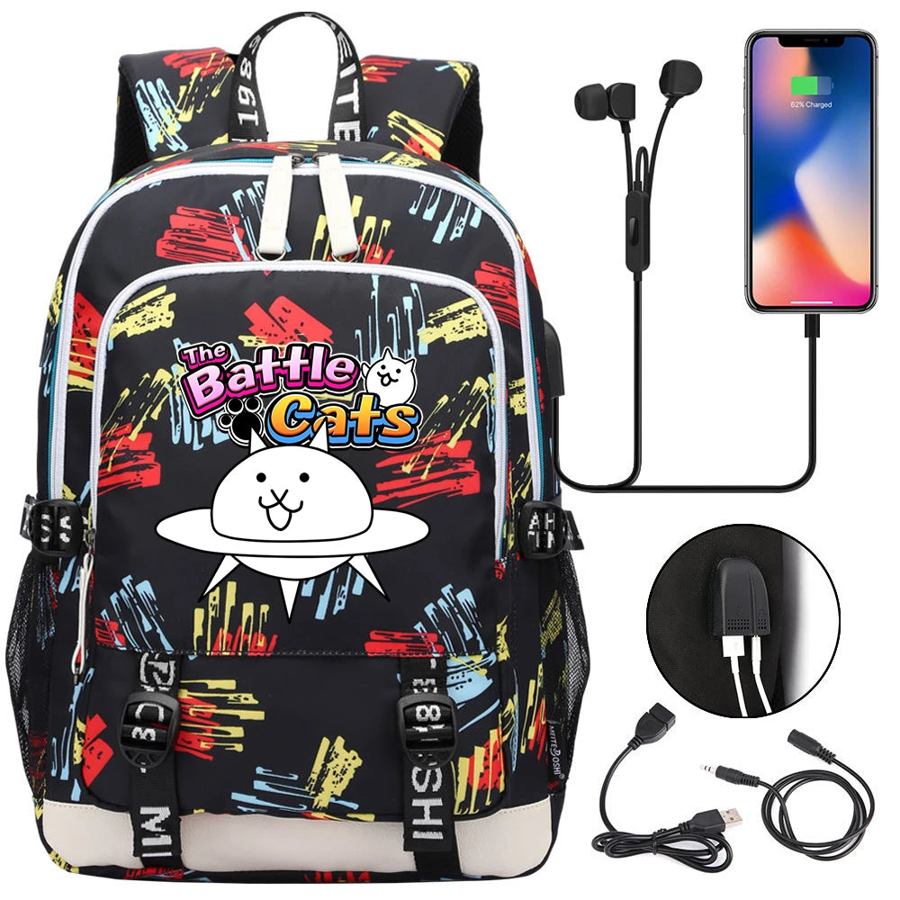 Sac à dos mignon, pour l'école, étudiant, chargeur USB, pour ordinateur portable, garçons et filles, voyage quotidien, adolescent, collège, The battle cats