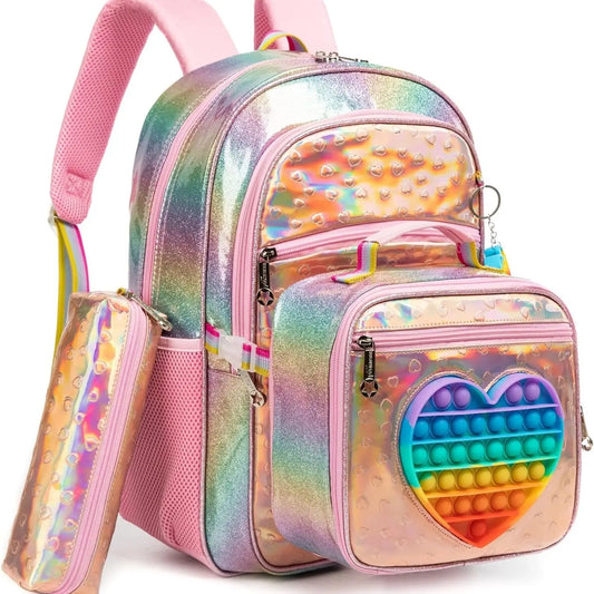 Sac à Dos Rose Mignon avec Boîte à Déjeuner pour Fille, Cartable d'École Primaire