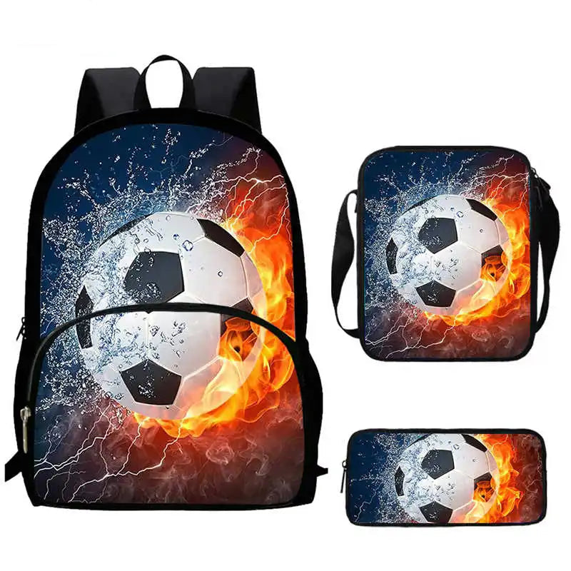 Sac à Dos d'École avec Imprimé 3D de Football pour Garçon et Fille, Ensemble de 3 Pièces avec Sacs Initiés, Trousse à Crayons