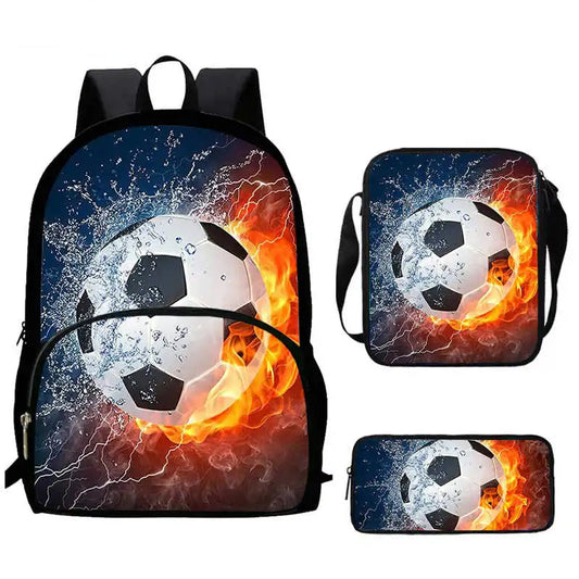 Sac à Dos d'École avec Imprimé 3D de Football pour Garçon et Fille, Ensemble de 3 Pièces avec Sacs Initiés, Trousse à Crayons