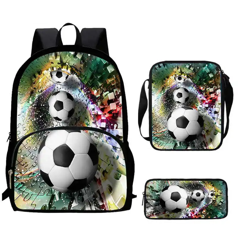 Sac à Dos d'École avec Imprimé 3D de Football pour Garçon et Fille, Ensemble de 3 Pièces avec Sacs Initiés, Trousse à Crayons
