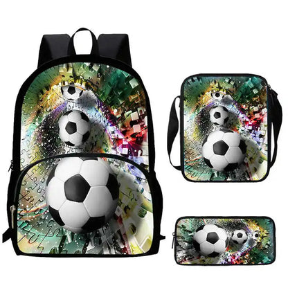 Sac à Dos d'École avec Imprimé 3D de Football pour Garçon et Fille, Ensemble de 3 Pièces avec Sacs Initiés, Trousse à Crayons
