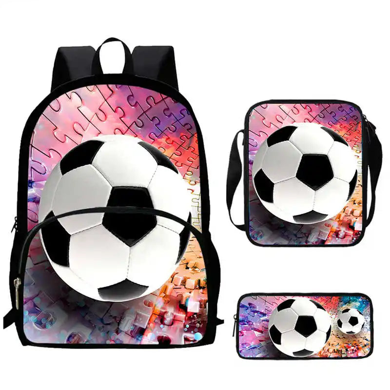 Sac à Dos d'École avec Imprimé 3D de Football pour Garçon et Fille, Ensemble de 3 Pièces avec Sacs Initiés, Trousse à Crayons