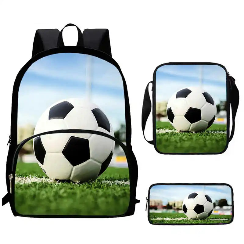 Sac à Dos d'École avec Imprimé 3D de Football pour Garçon et Fille, Ensemble de 3 Pièces avec Sacs Initiés, Trousse à Crayons