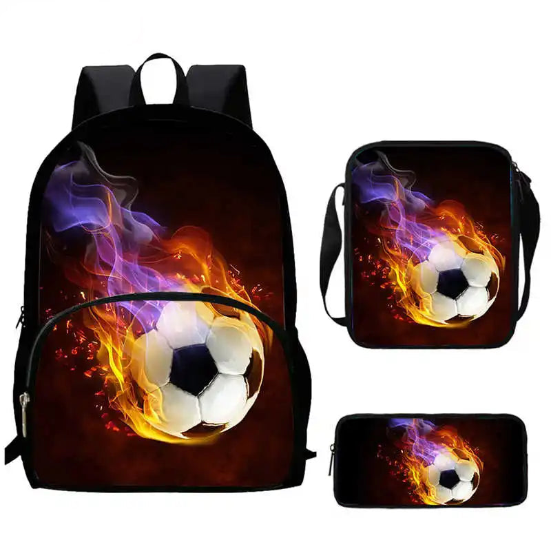 Sac à Dos d'École avec Imprimé 3D de Football pour Garçon et Fille, Ensemble de 3 Pièces avec Sacs Initiés, Trousse à Crayons