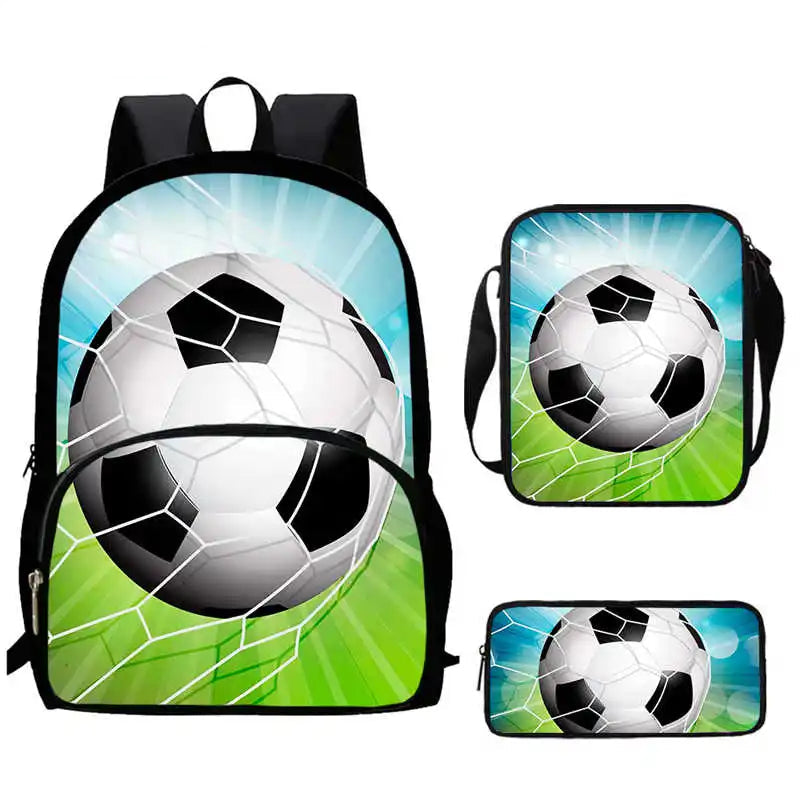 Sac à Dos d'École avec Imprimé 3D de Football pour Garçon et Fille, Ensemble de 3 Pièces avec Sacs Initiés, Trousse à Crayons