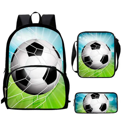 Sac à Dos d'École avec Imprimé 3D de Football pour Garçon et Fille, Ensemble de 3 Pièces avec Sacs Initiés, Trousse à Crayons
